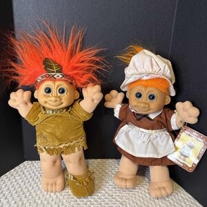 Set of 2 Vintage Russ Wee‎ Troll Kidz Thanksgiving Plush Dolls Pilgrim Indian